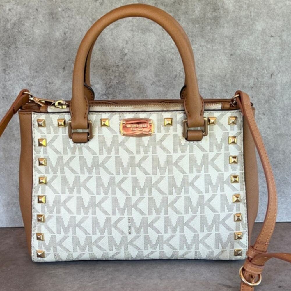 Michael Kors Kellen Studded Extra-Small Satchel in vanilla monogram crossbody